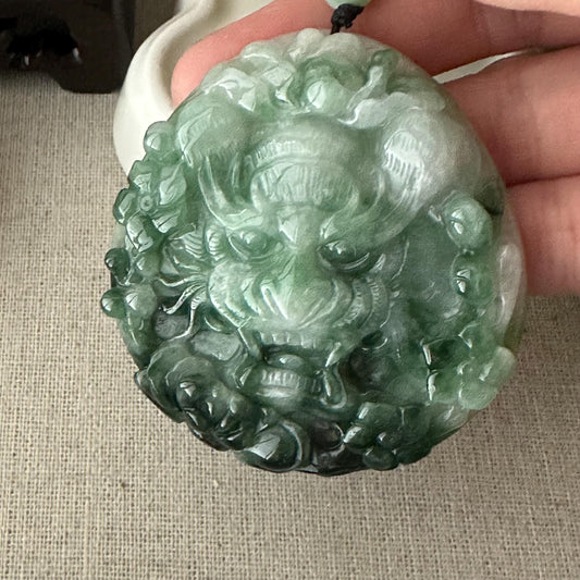 56.7mm Jadeite Jade Green Tiger Head Pendant Charm