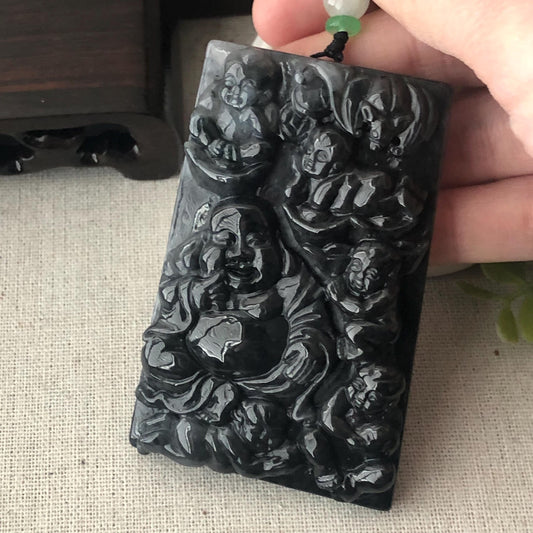 75.7 mm Icy Glossy Wuji Black Jade Jadeite Hand-Carved Happy Buddha  Pendant