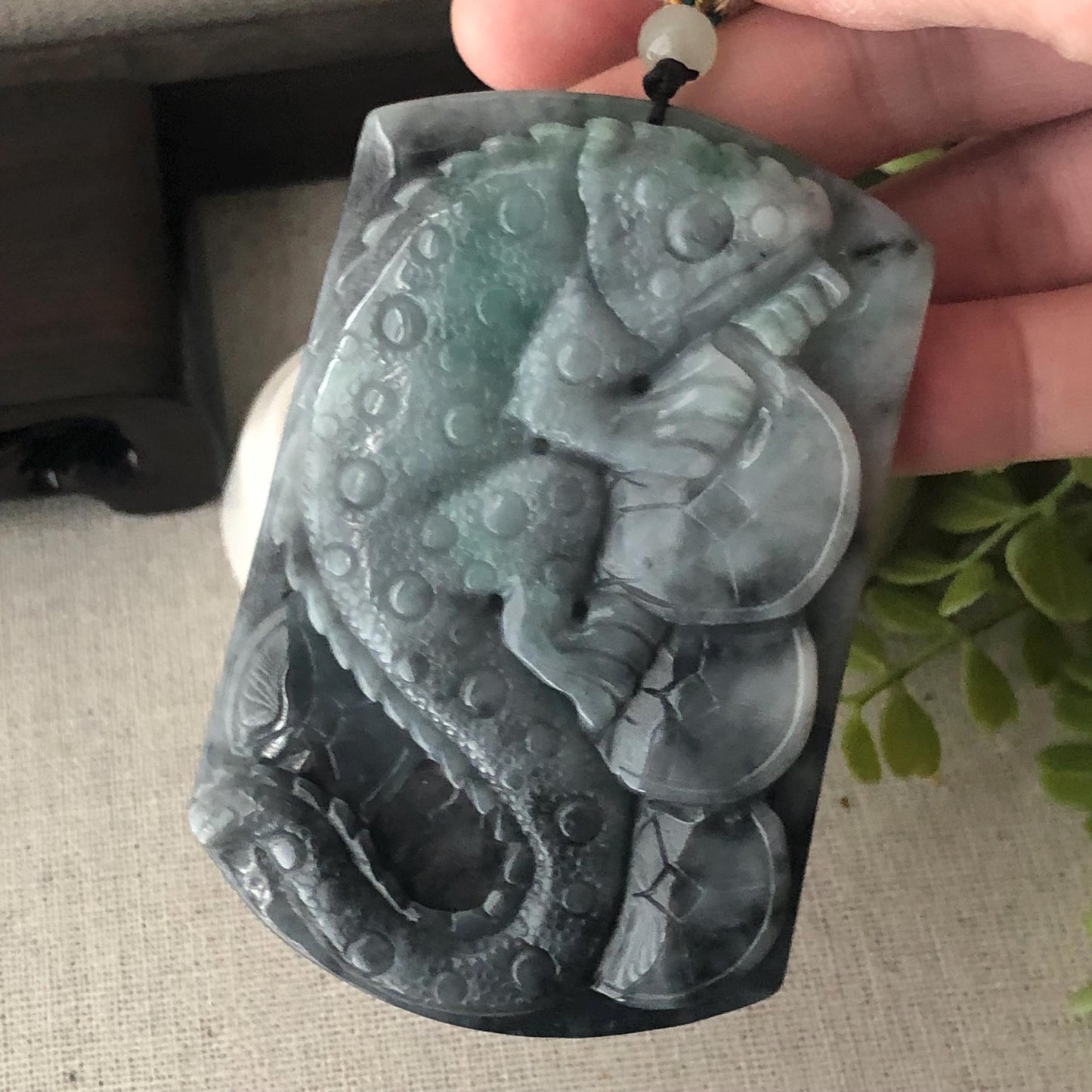 74mm Wuji Green Jadeite Jade Carved Lizard Lucky Coin Pendant