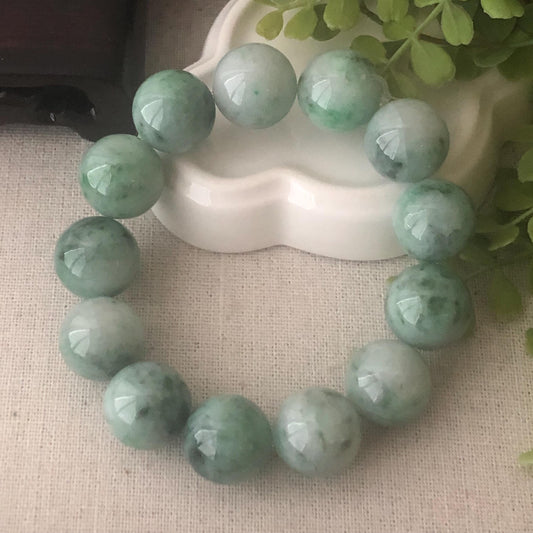 16mm Jade Jadeite Green Float Flowers Round Bead Bracelet RARE