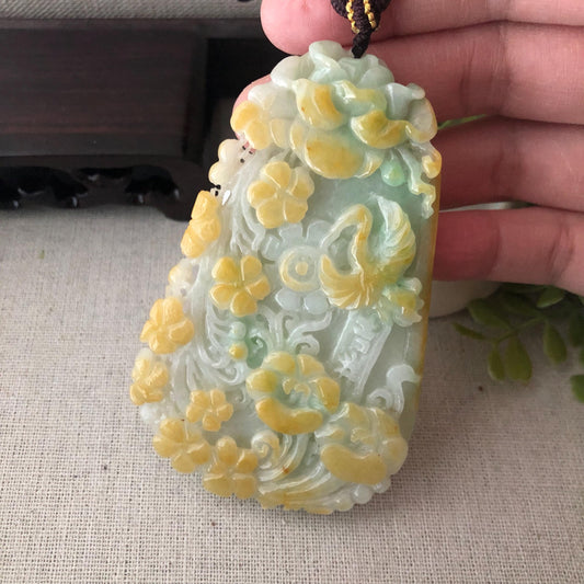 85 mm Green Yellow Jadeite Jade Carved Landscape Trees Mountain Pendant