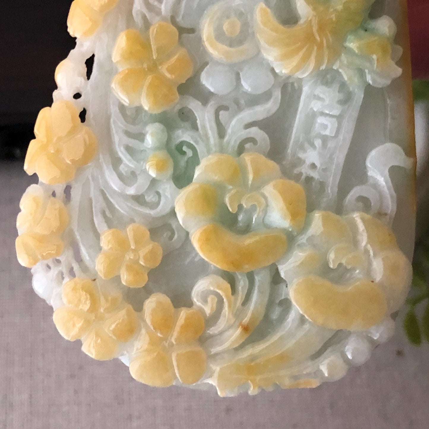 85 mm Green Yellow Jadeite Jade Carved Landscape Trees Mountain Pendant