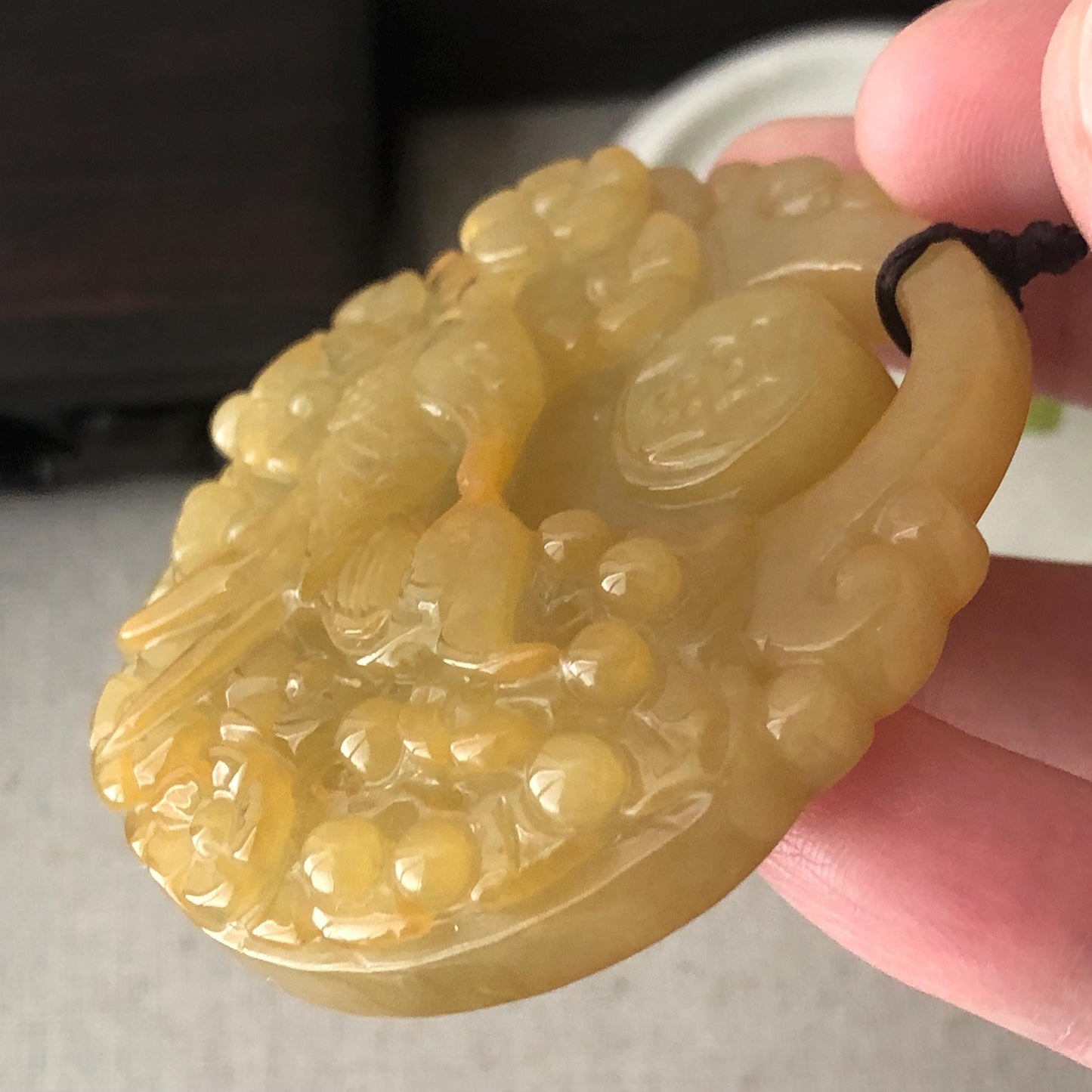 55 mm Icy Yellow Brown Jadeite Jade Carved Flower Phoenix Pendant