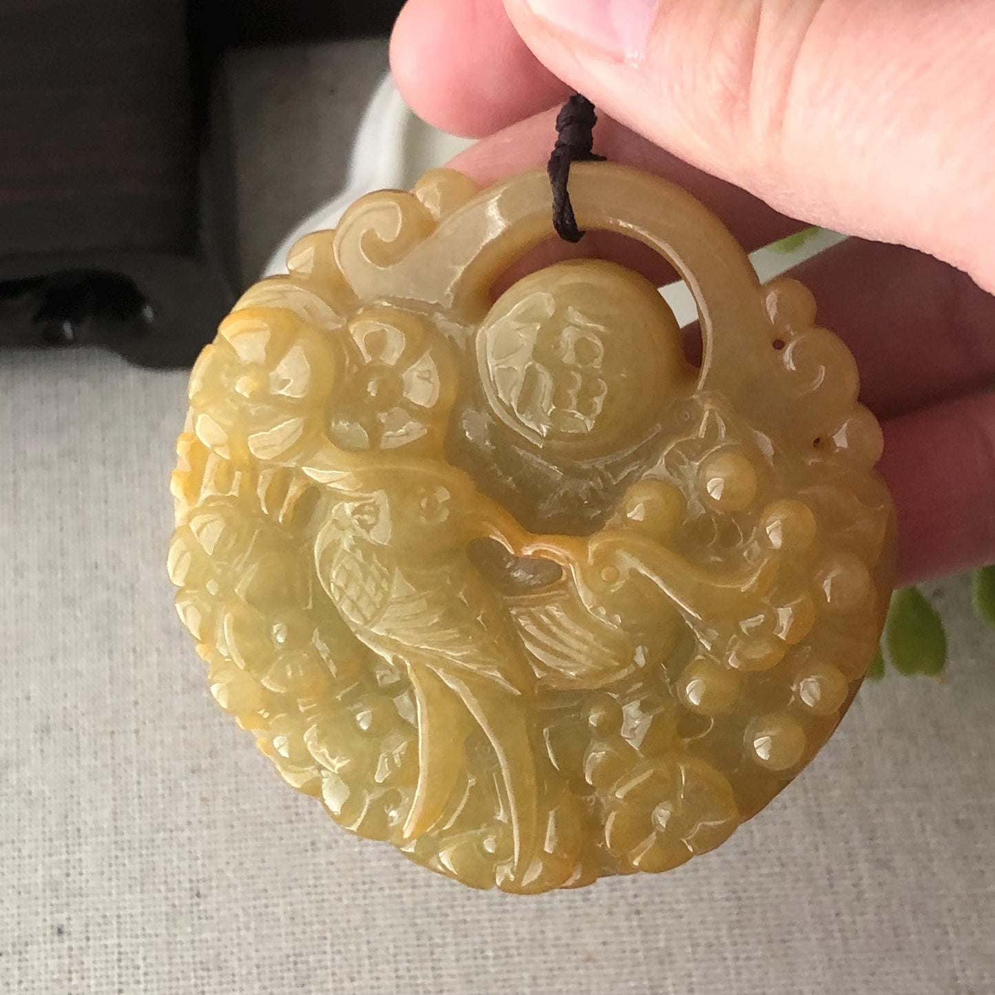 55 mm Icy Yellow Brown Jadeite Jade Carved Flower Phoenix Pendant