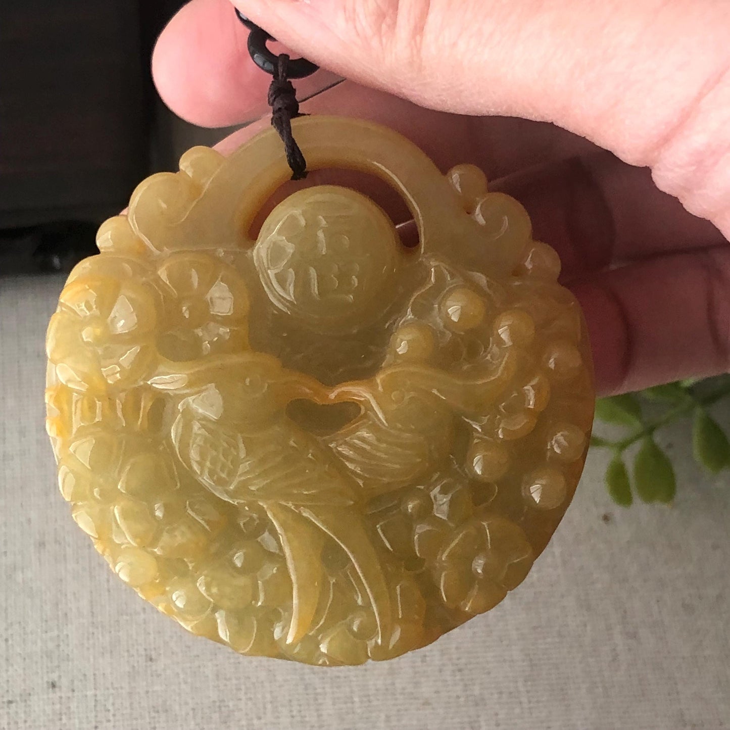 55 mm Icy Yellow Brown Jadeite Jade Carved Flower Phoenix Pendant