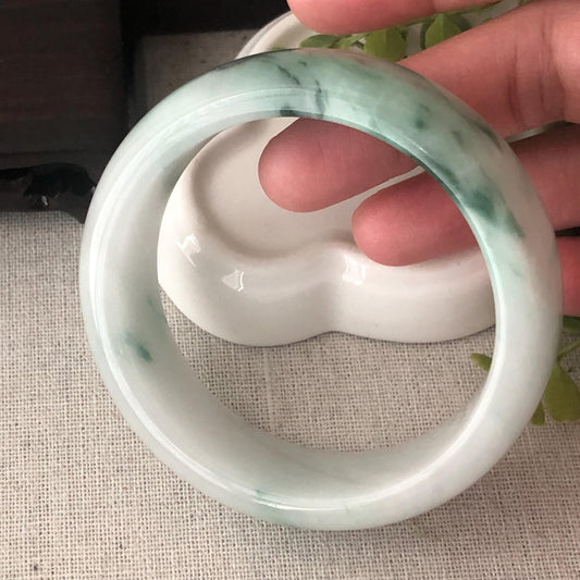56mm Icy Jadeite Jade Green Float Flowers Bangle
