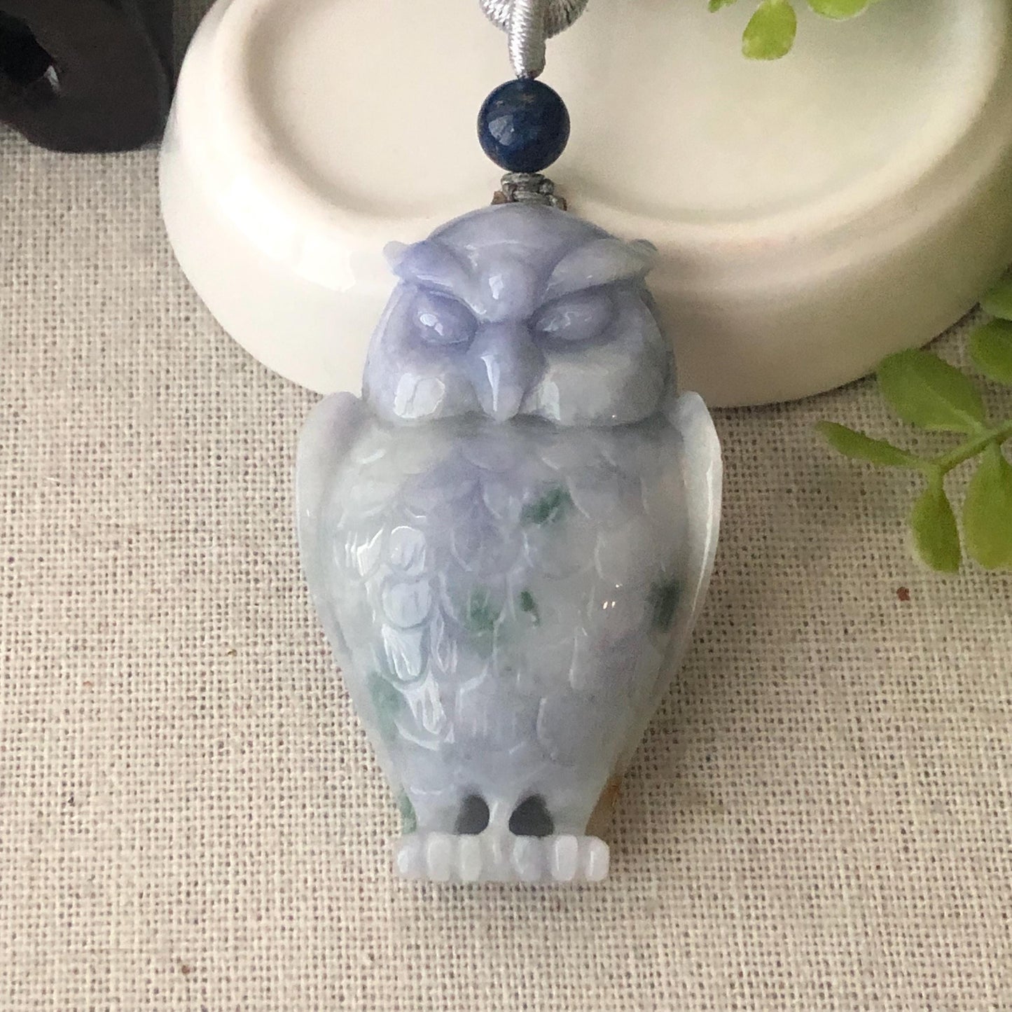 48.5mm Jadeite Jade Lavender Green Float Flowers Carved Owl Pendant