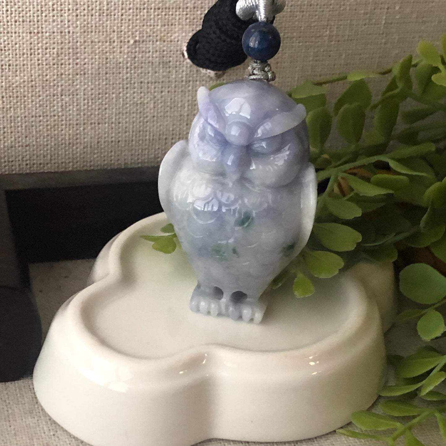 48.5mm Jadeite Jade Lavender Green Float Flowers Carved Owl Pendant