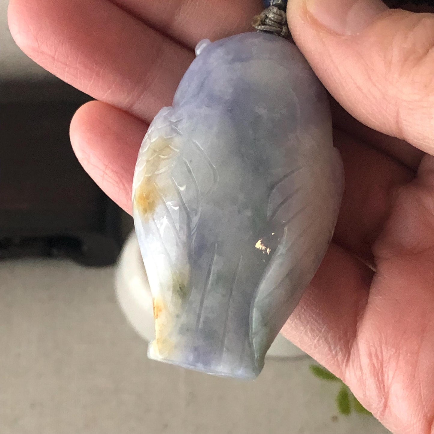 48.5mm Jadeite Jade Lavender Green Float Flowers Carved Owl Pendant