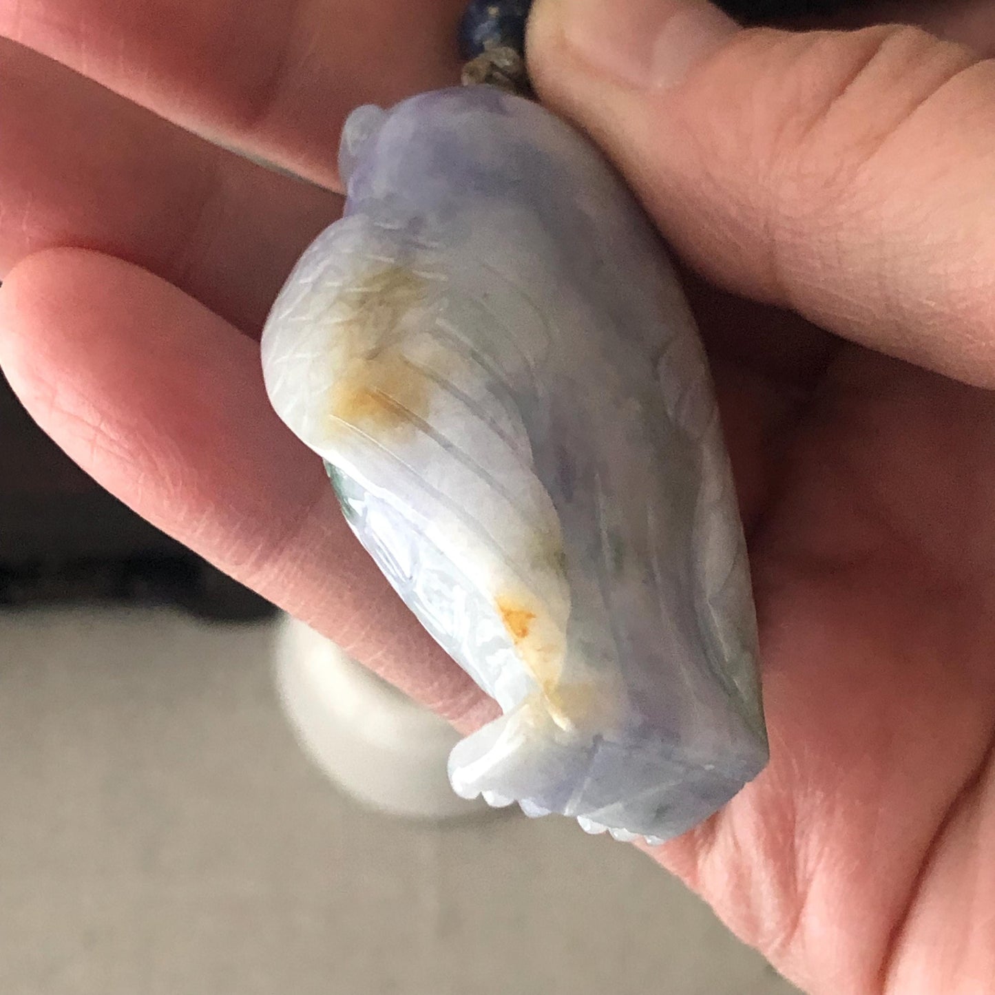 48.5mm Jadeite Jade Lavender Green Float Flowers Carved Owl Pendant