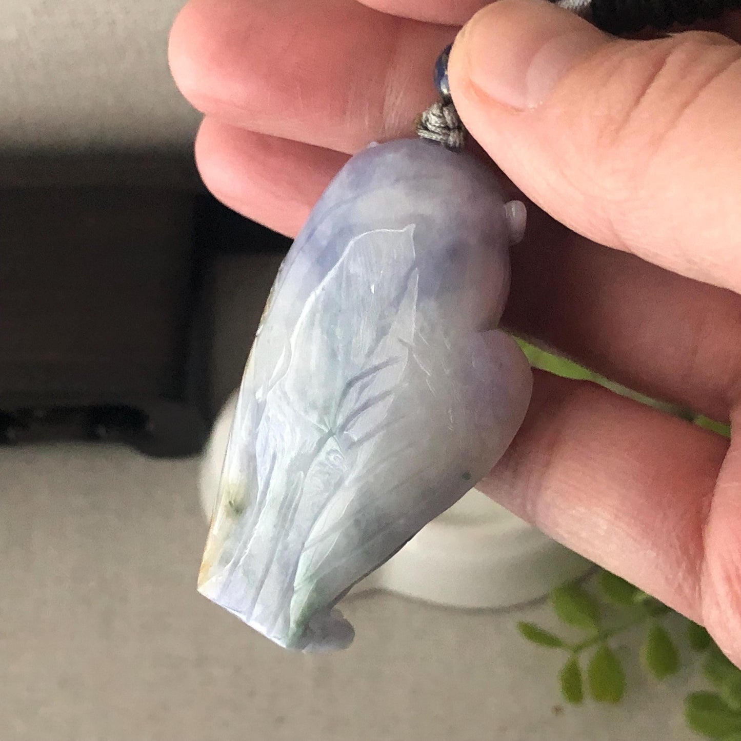 48.5mm Jadeite Jade Lavender Green Float Flowers Carved Owl Pendant