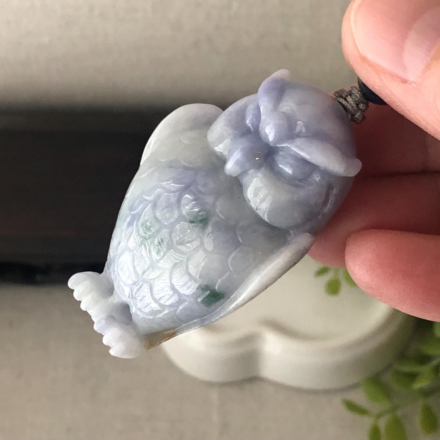48.5mm Jadeite Jade Lavender Green Float Flowers Carved Owl Pendant