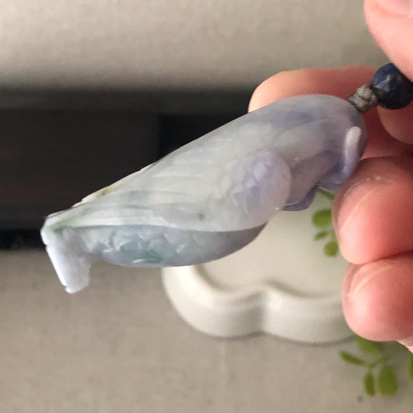 48.5mm Jadeite Jade Lavender Green Float Flowers Carved Owl Pendant