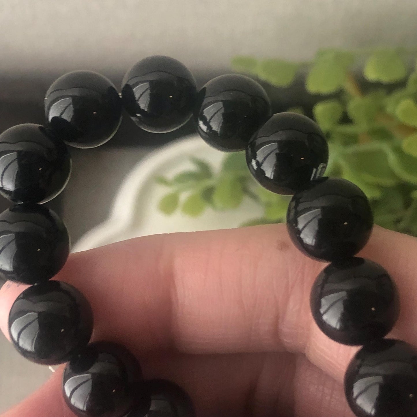10mm High Glossy Omphacite Black Jadeite Jade Bead Bracelet