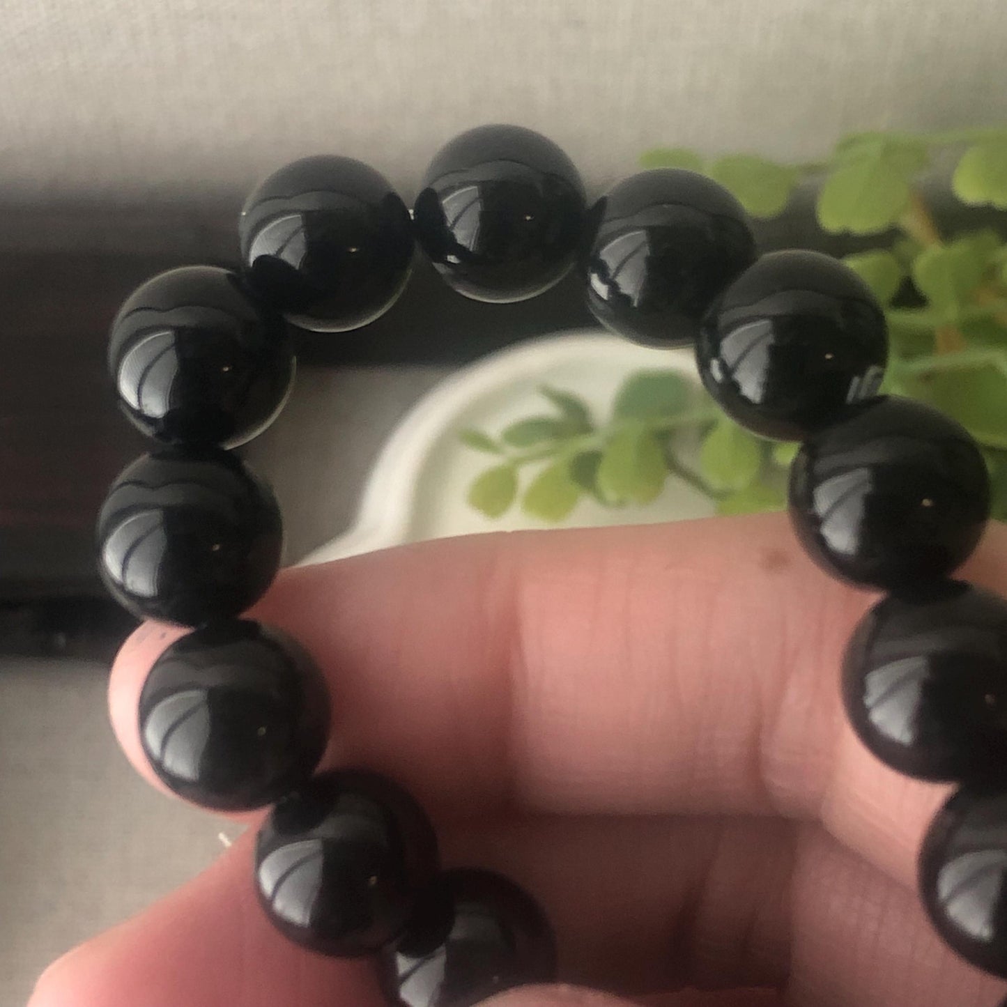 10mm High Glossy Omphacite Black Jadeite Jade Bead Bracelet