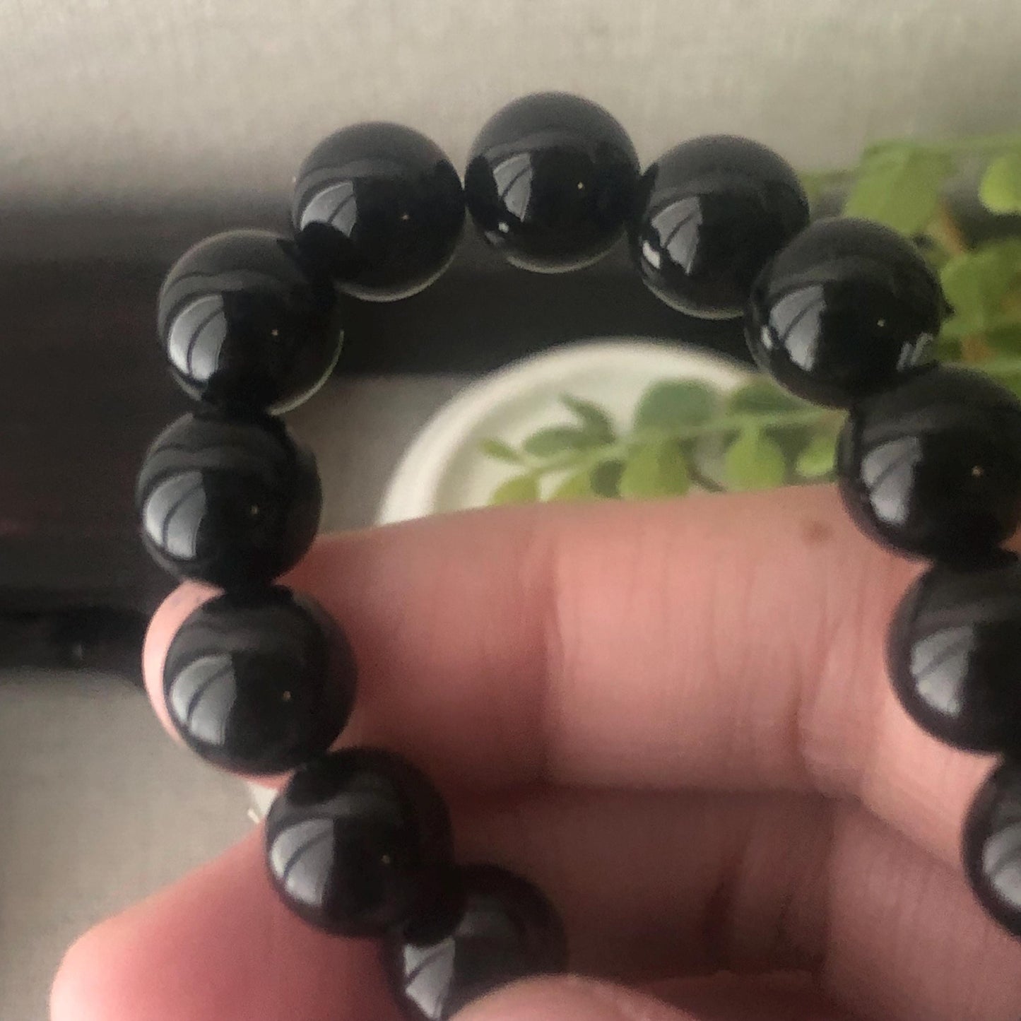 10mm High Glossy Omphacite Black Jadeite Jade Bead Bracelet