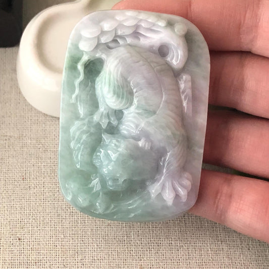 61mm Jadeite Jade Lavender Green Carved Tiger Pendant