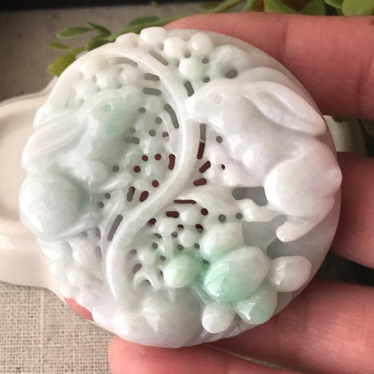 53.7mm Jadeite Jade Green Carved Double Rabbit Flowers Pendant
