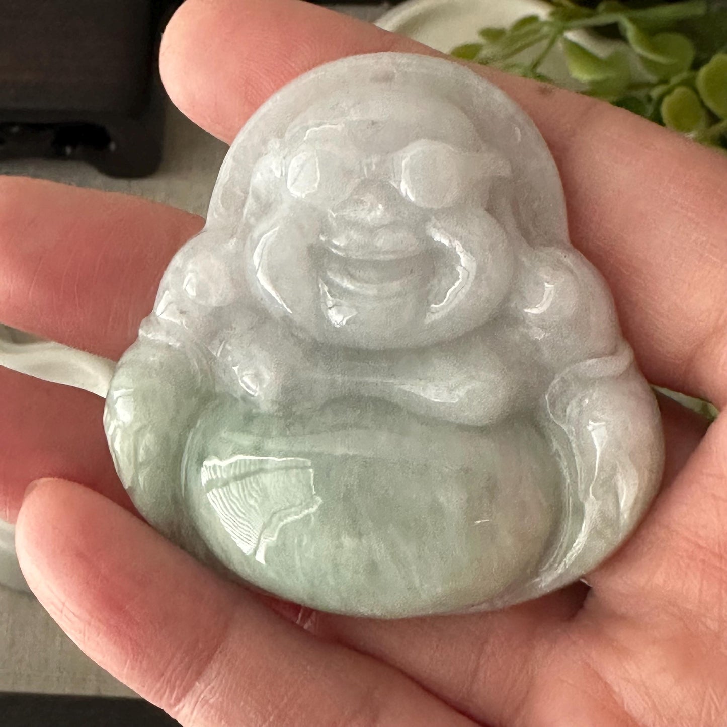 50 mm Green Gradient Jade Hand Carved Happy Glasses Buddha Pendant