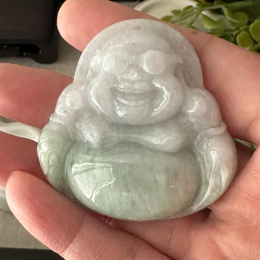 50 mm Green Gradient Jade Hand Carved Happy Glasses Buddha Pendant