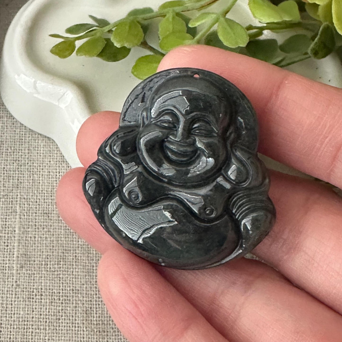 37 mm Wuji Jade Carved Double Sided Happy Buddha Pendant
