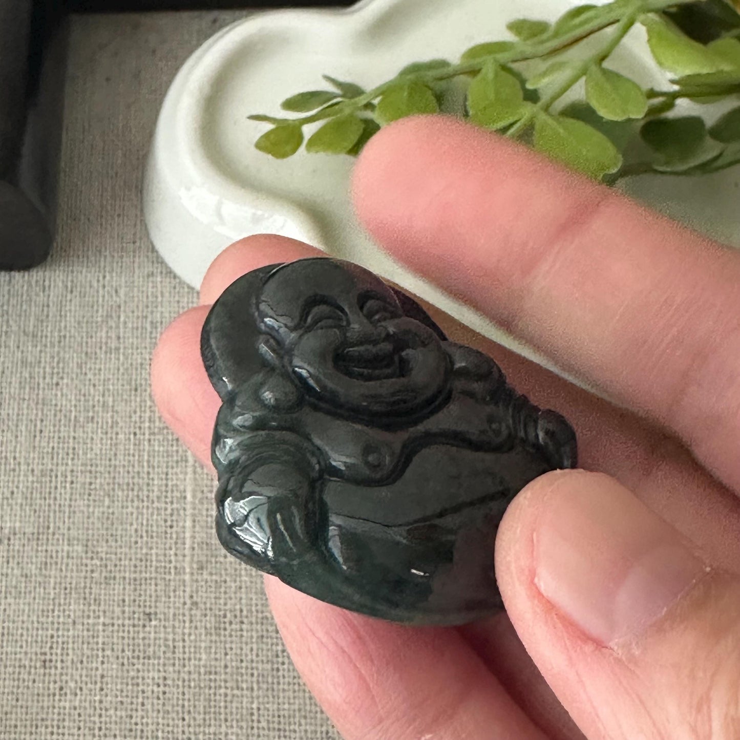37 mm Wuji Jade Carved Double Sided Happy Buddha Pendant