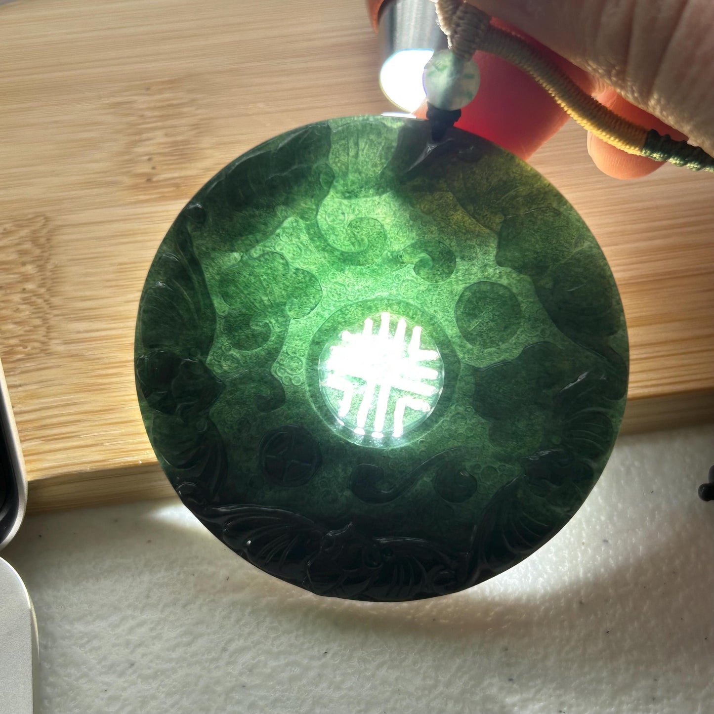 57 mm Green Jadeite Jade Carved Asian Ruyi Flowers Pendant