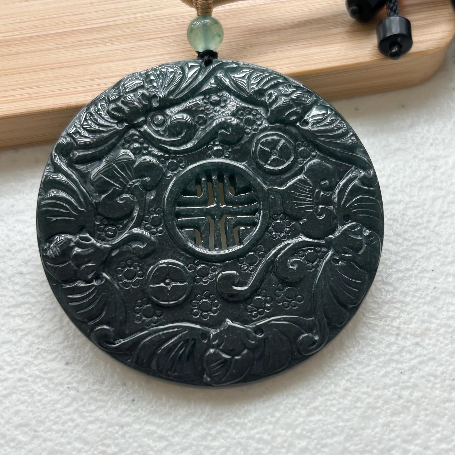 57 mm Green Jadeite Jade Carved Asian Ruyi Flowers Pendant