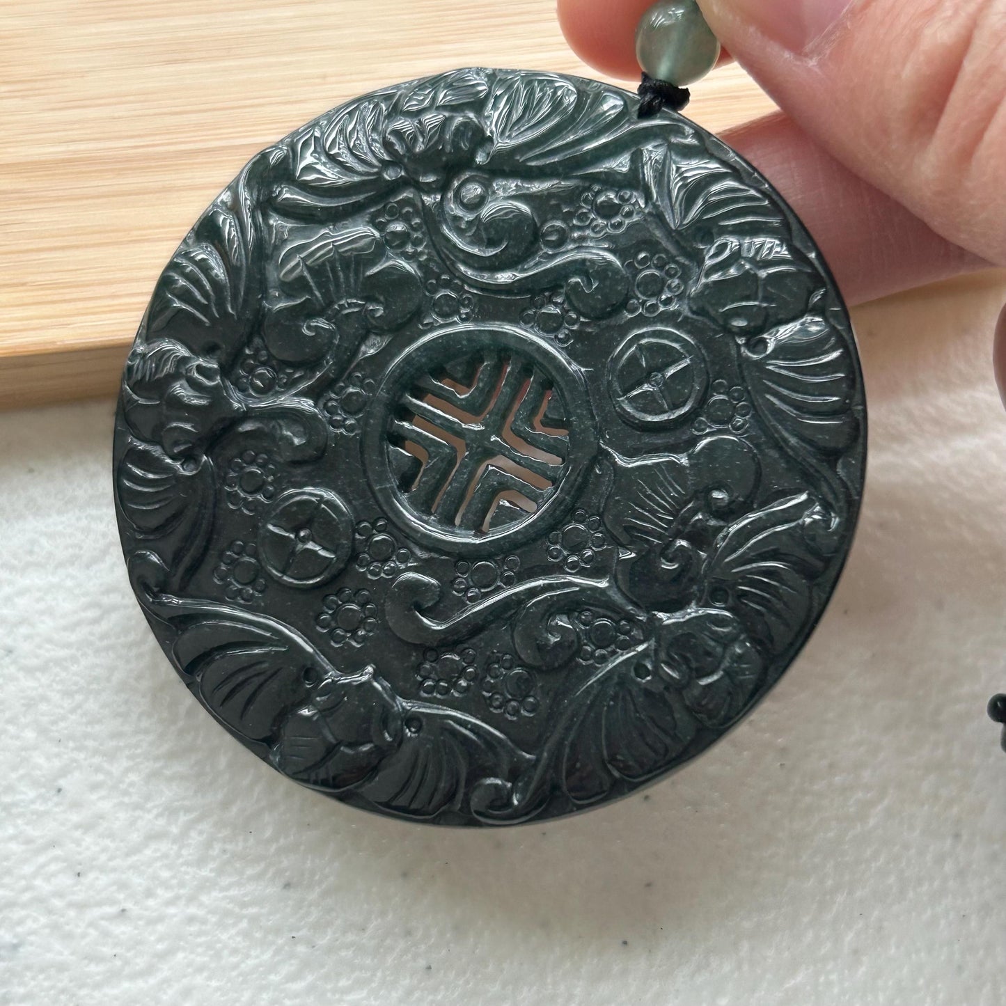 57 mm Green Jadeite Jade Carved Asian Ruyi Flowers Pendant