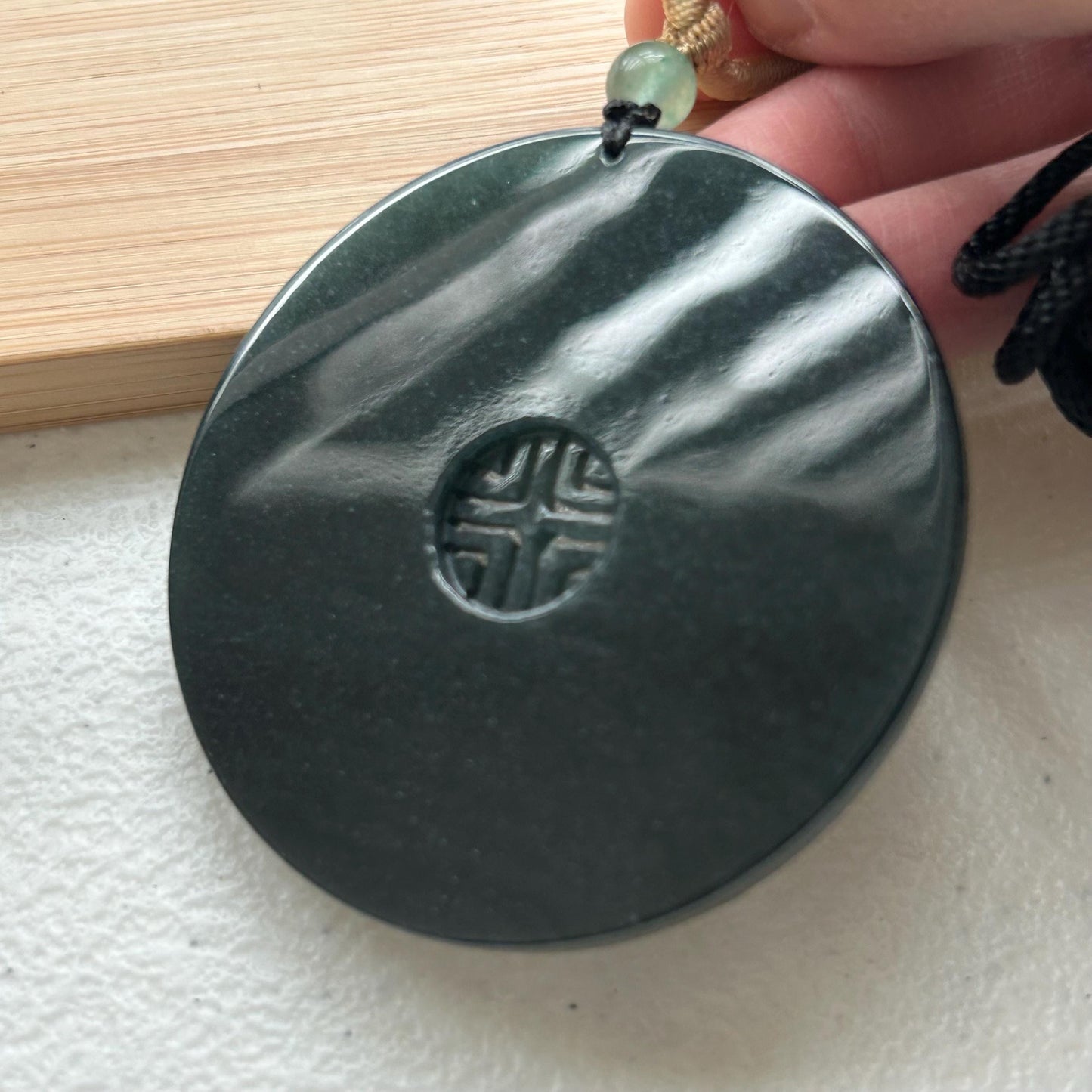 57 mm Green Jadeite Jade Carved Asian Ruyi Flowers Pendant