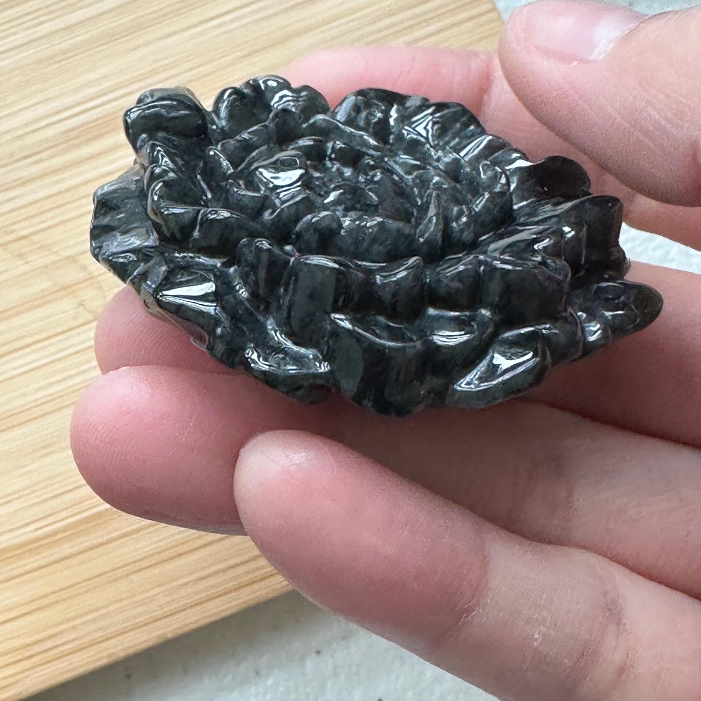 50 mm  Wuji Black Jadeite Jade Carved Flower Pendant