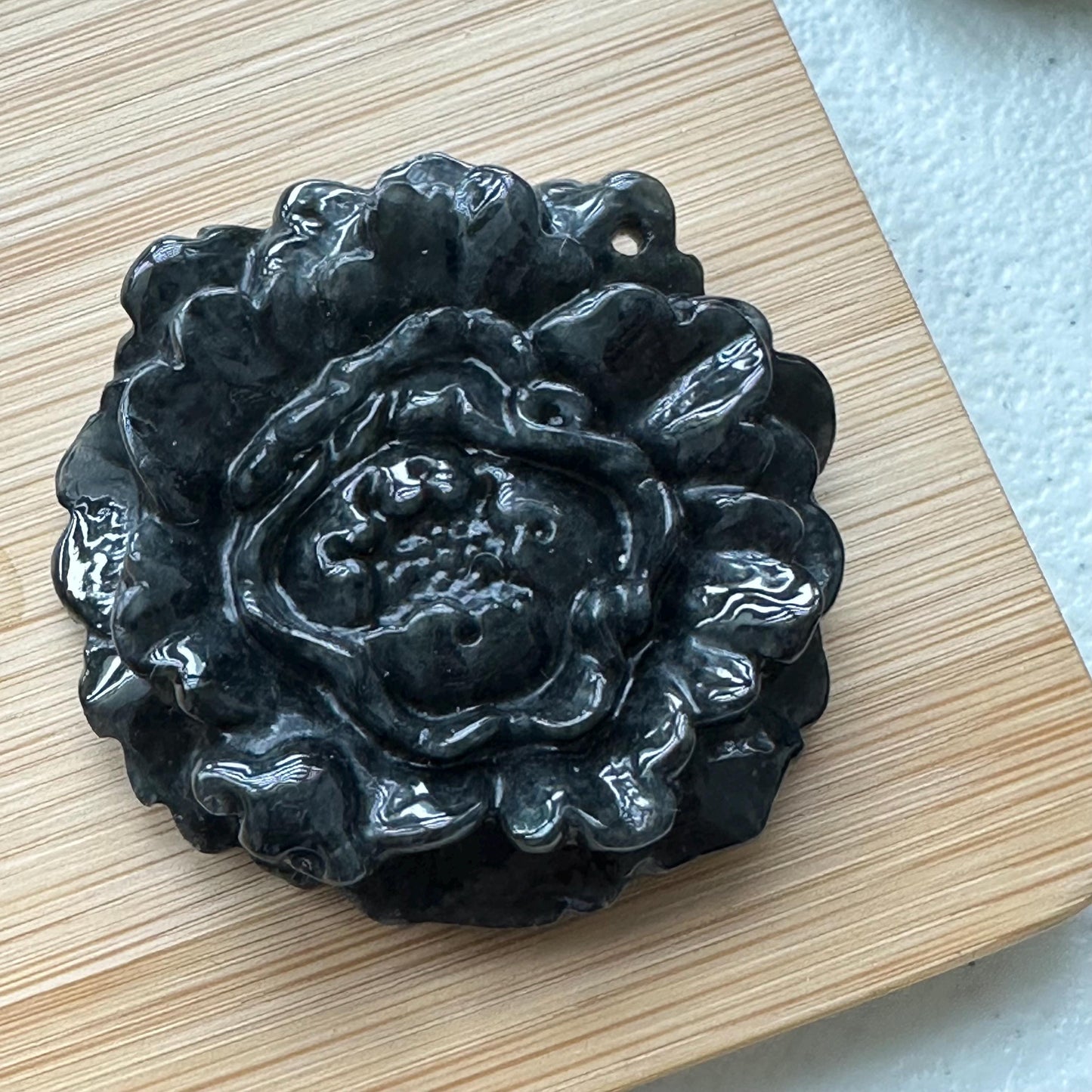 50 mm  Wuji Black Jadeite Jade Carved Flower Pendant