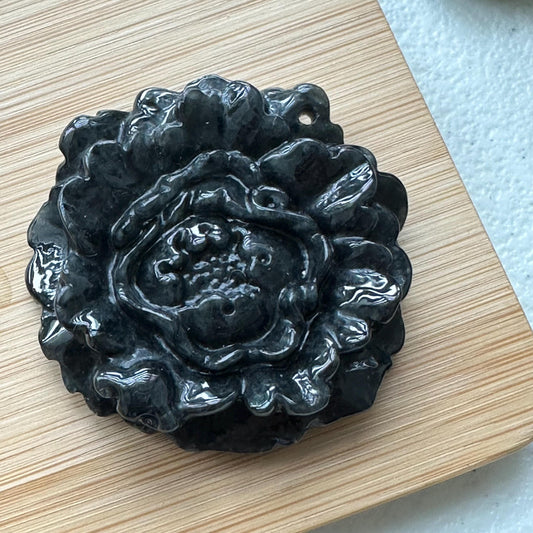 50 mm  Wuji Black Jadeite Jade Carved Flower Pendant