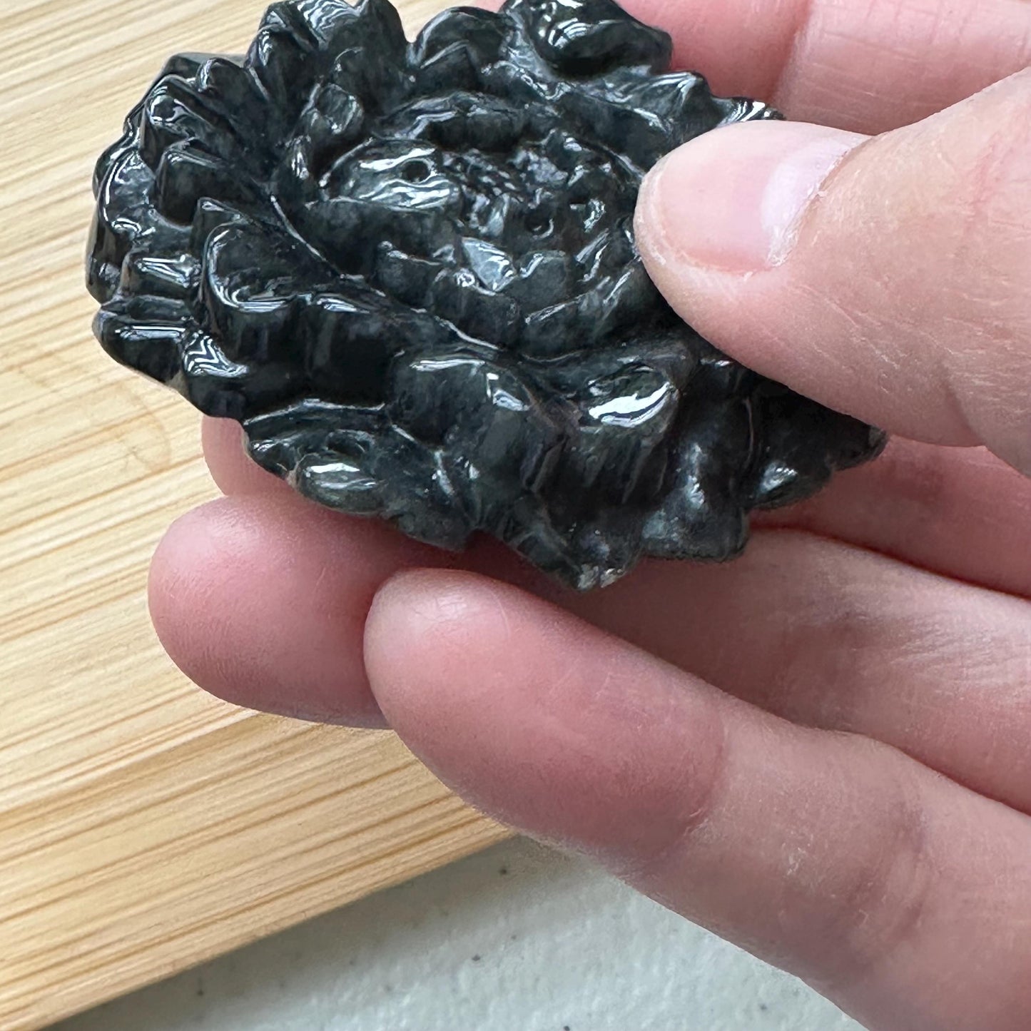 50 mm  Wuji Black Jadeite Jade Carved Flower Pendant