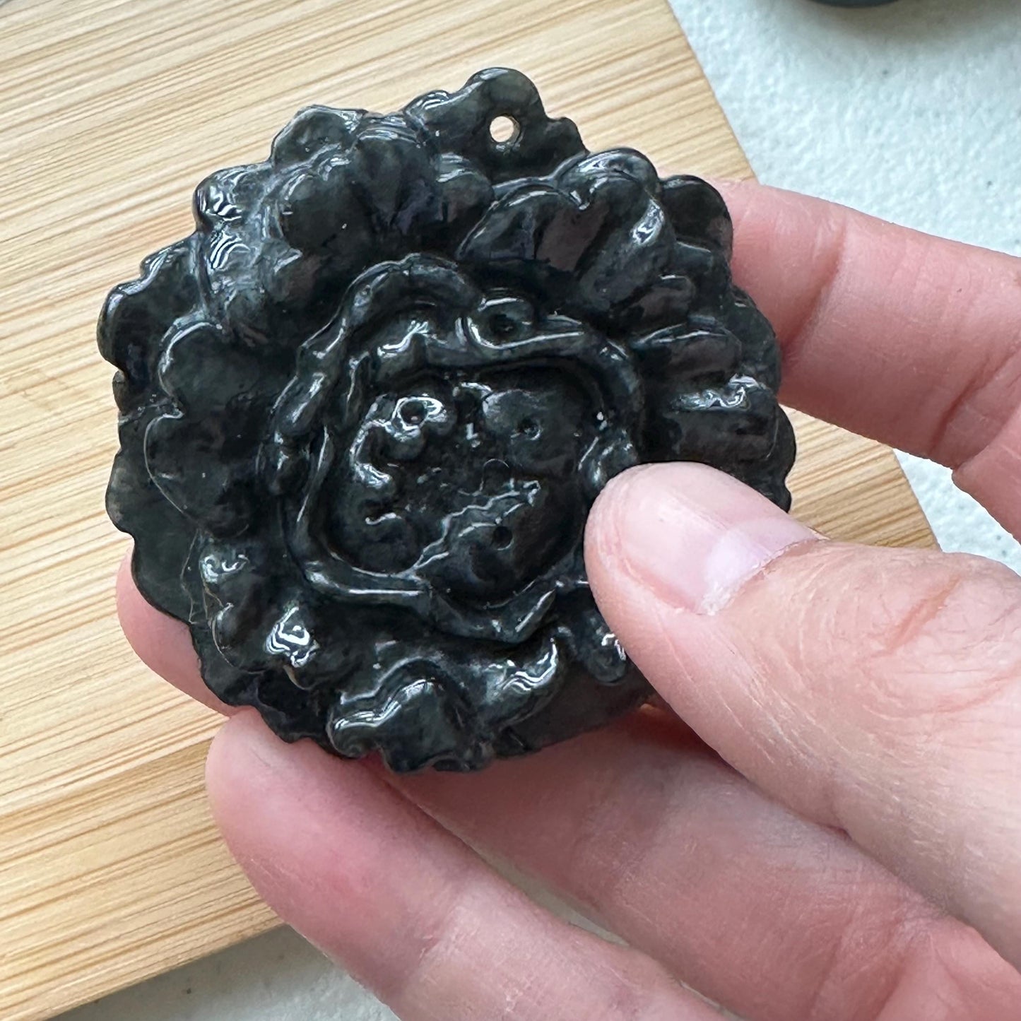 50 mm  Wuji Black Jadeite Jade Carved Flower Pendant