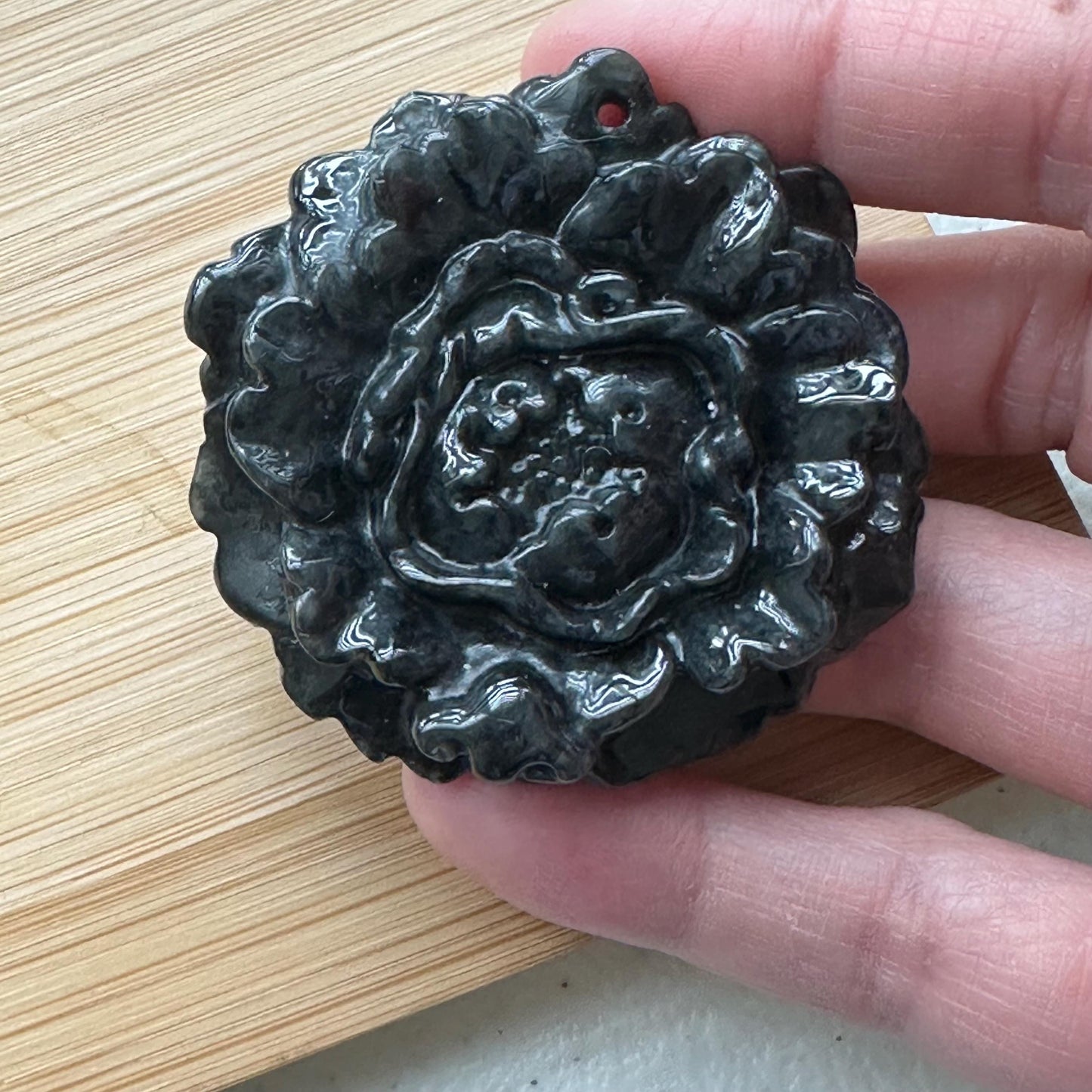 50 mm  Wuji Black Jadeite Jade Carved Flower Pendant