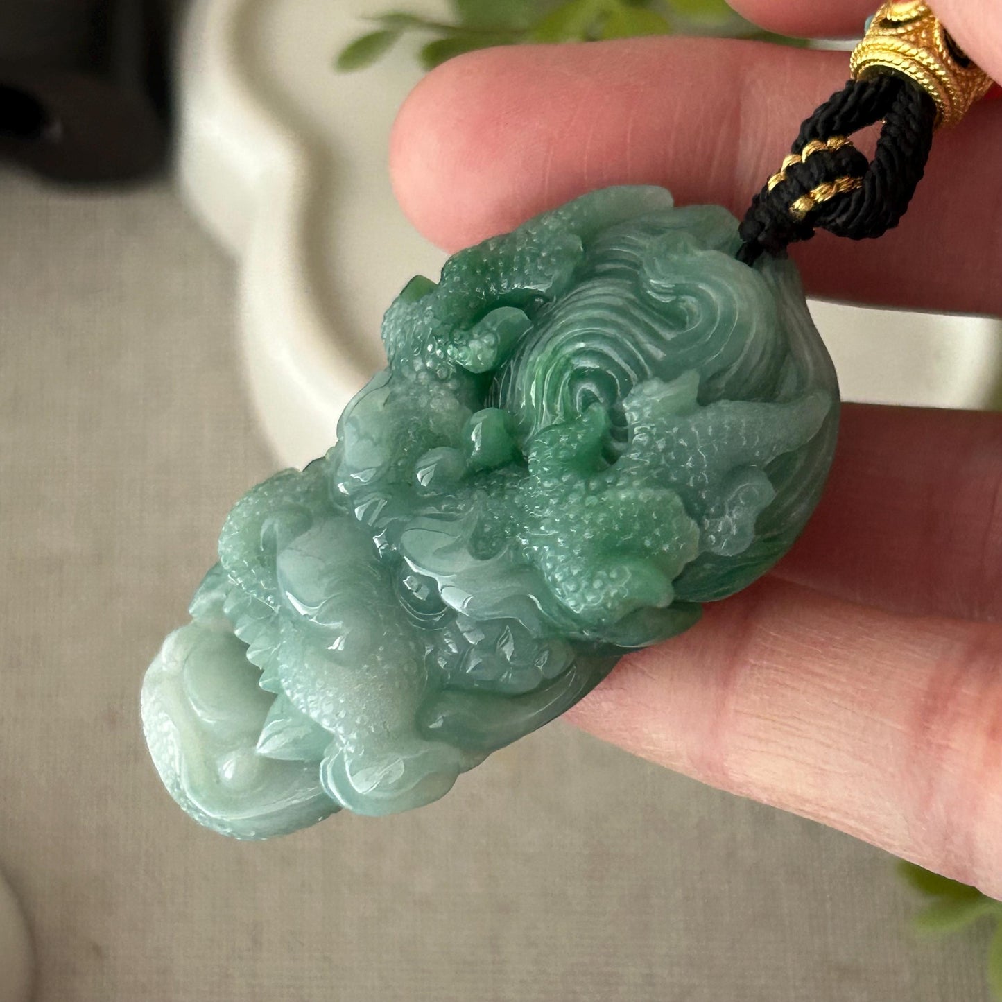 50mm Jadeite Jade Green Carved Dragon Pendant