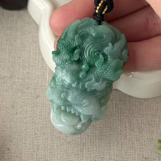 50mm Jadeite Jade Green Carved Dragon Pendant