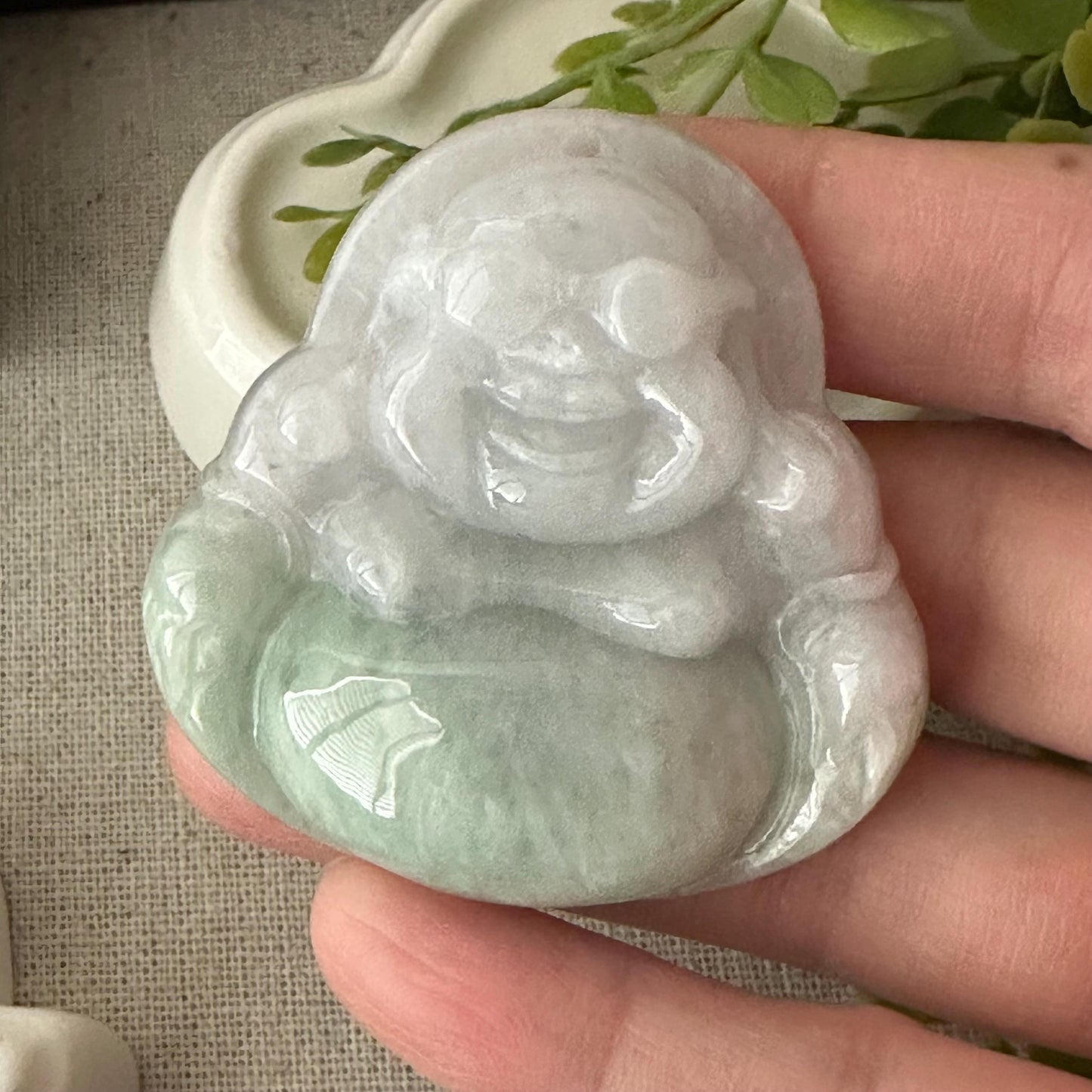 50 mm Green Gradient Jade Hand Carved Happy Glasses Buddha Pendant