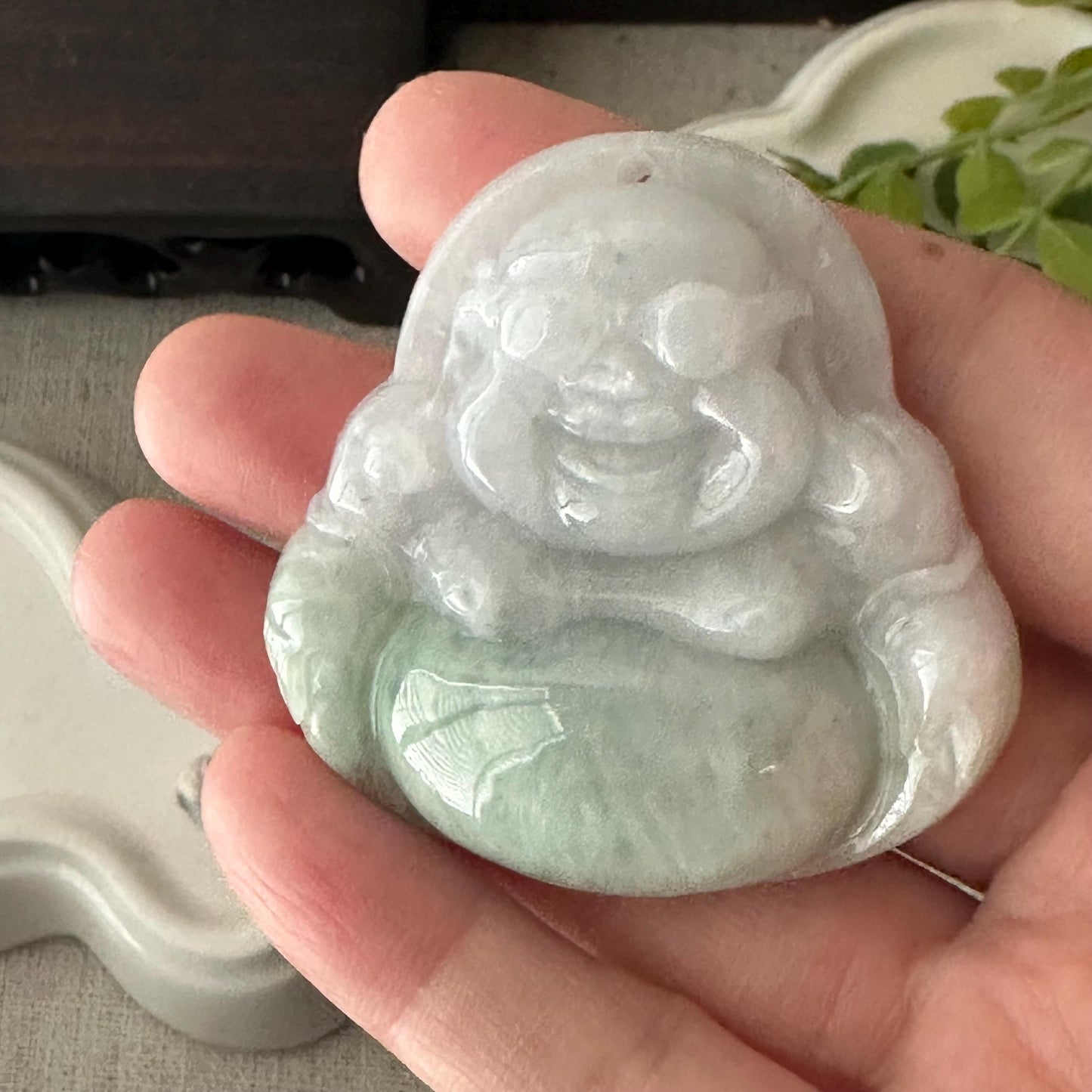 50 mm Green Gradient Jade Hand Carved Happy Glasses Buddha Pendant