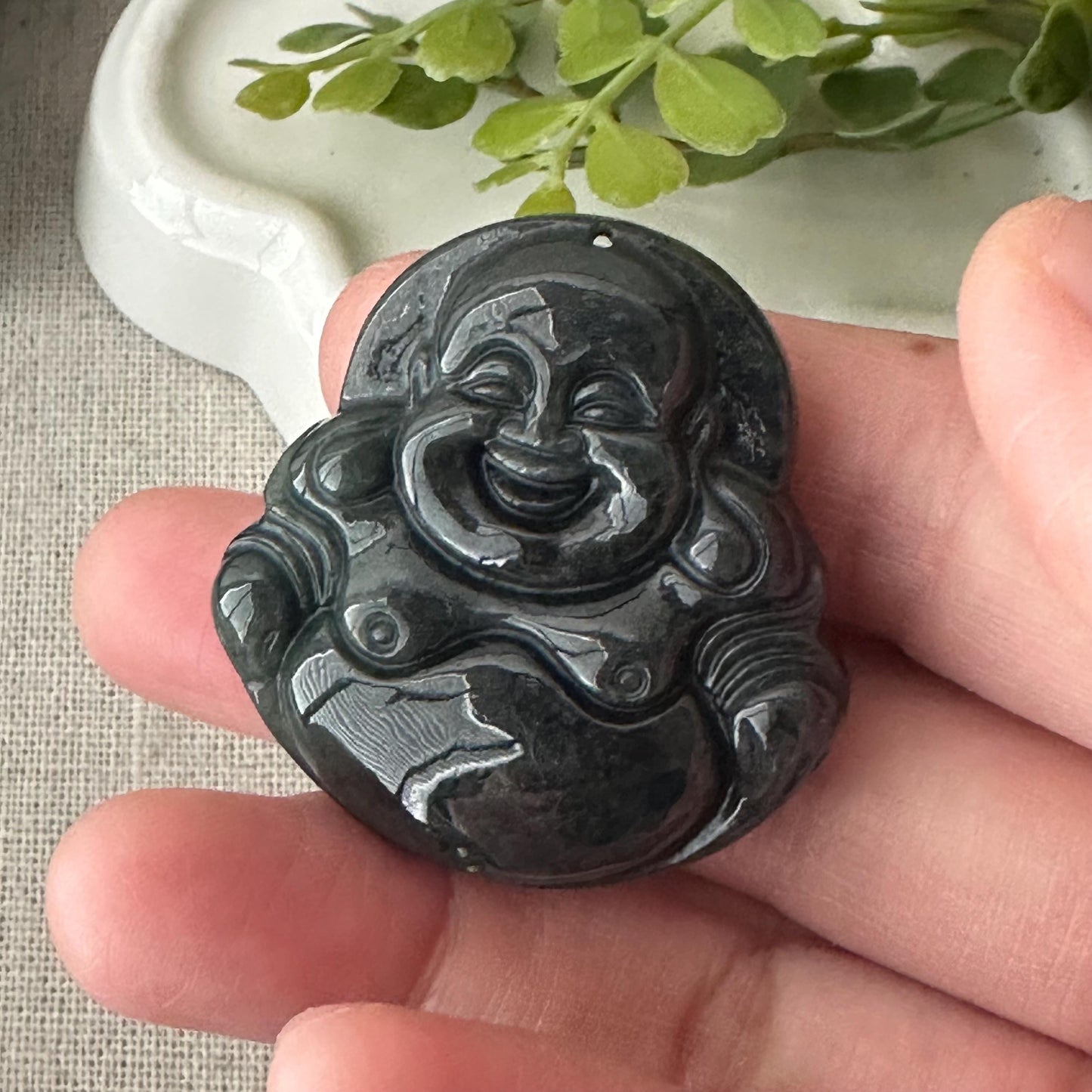 37 mm Wuji Jade Carved Double Sided Happy Buddha Pendant