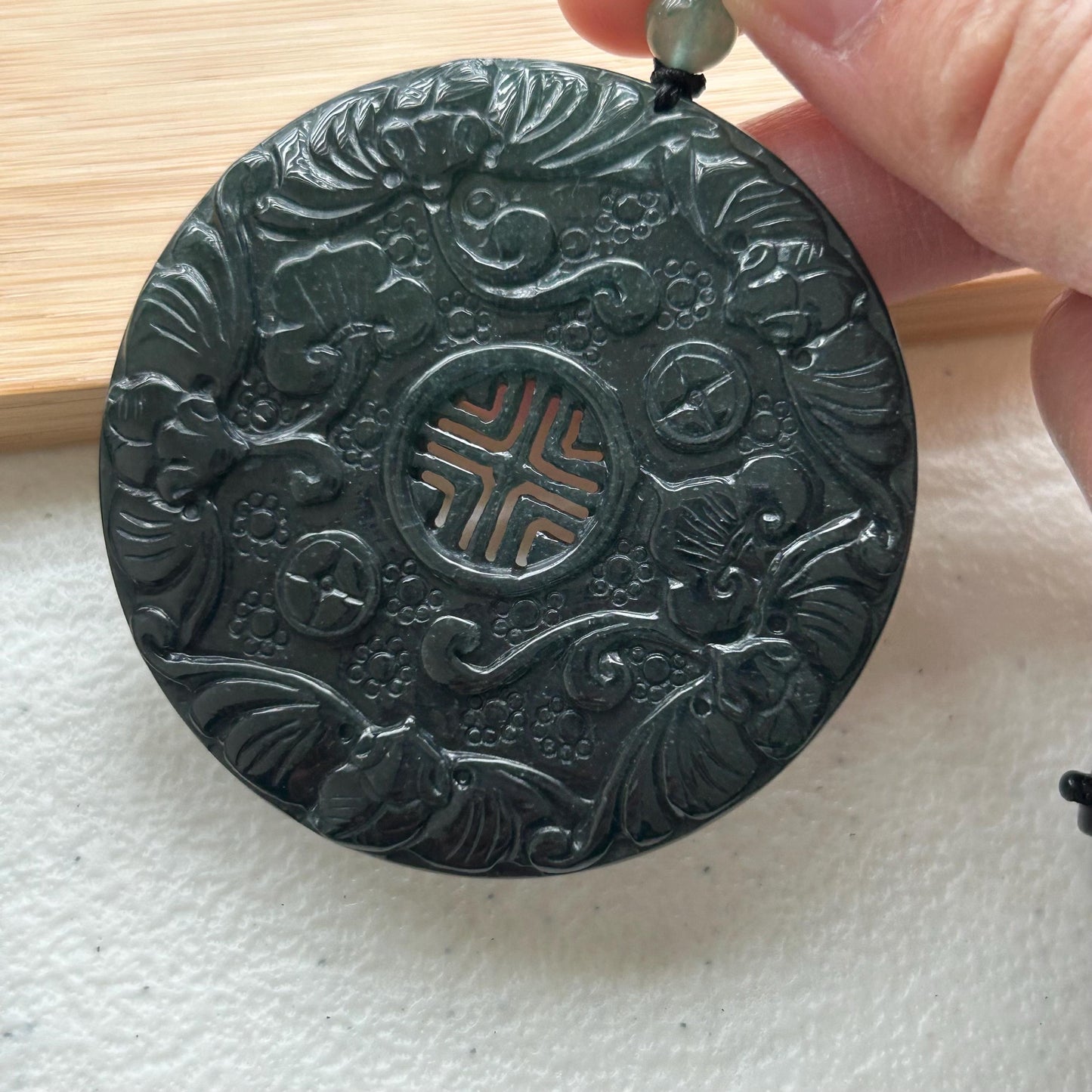 57 mm Green Jadeite Jade Carved Asian Ruyi Flowers Pendant