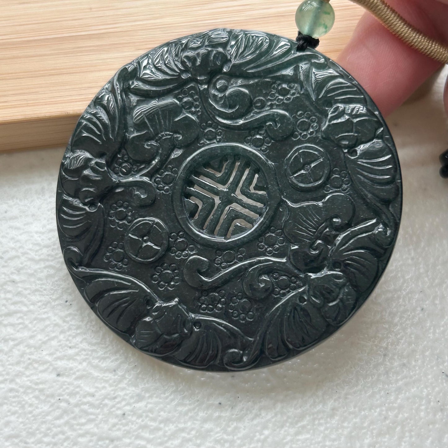 57 mm Green Jadeite Jade Carved Asian Ruyi Flowers Pendant