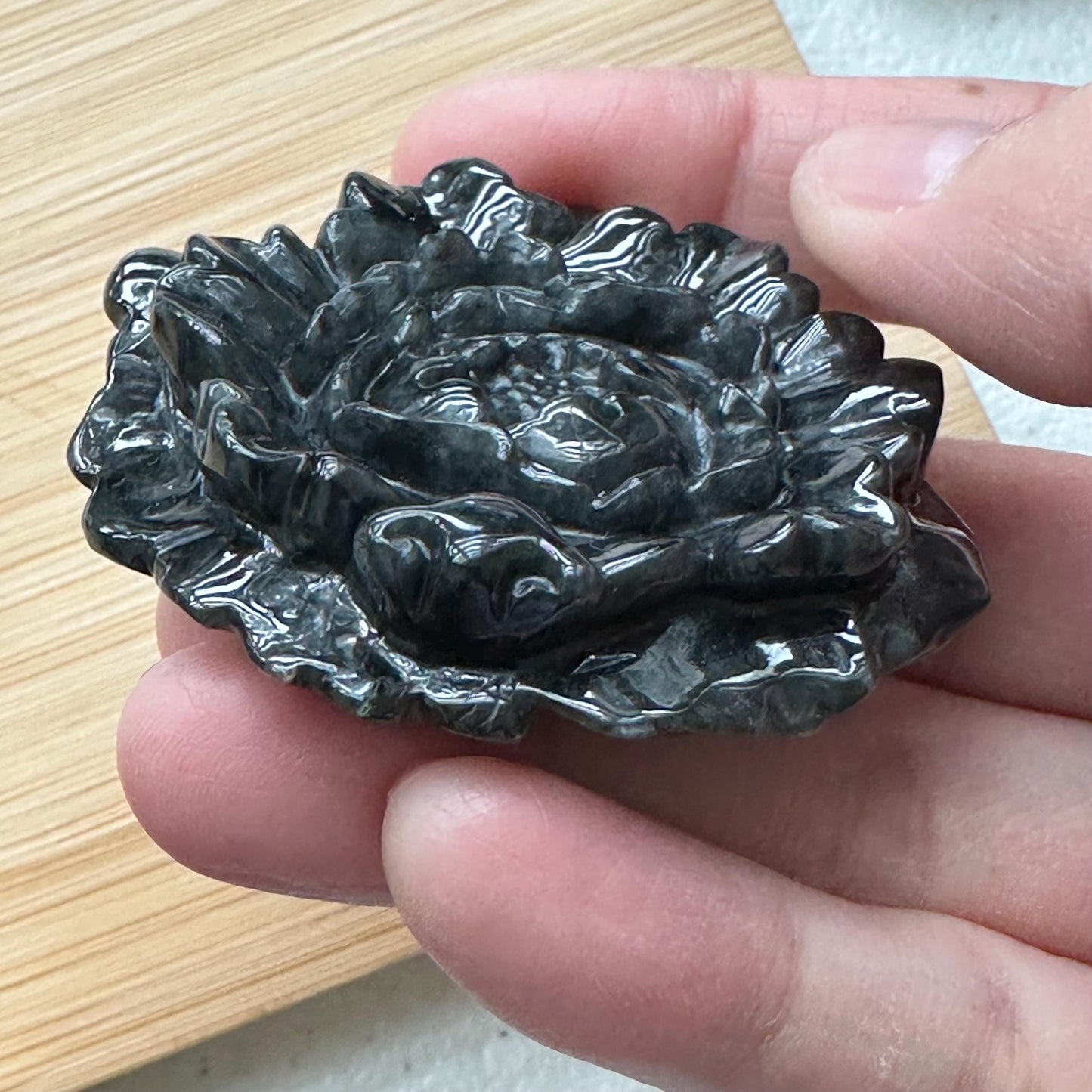 50 mm  Wuji Black Jadeite Jade Carved Flower Pendant