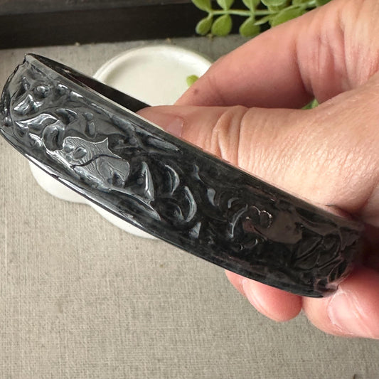 57 mm Jadeite Jade Carved Patterns Black Wuji Bangle Big Width