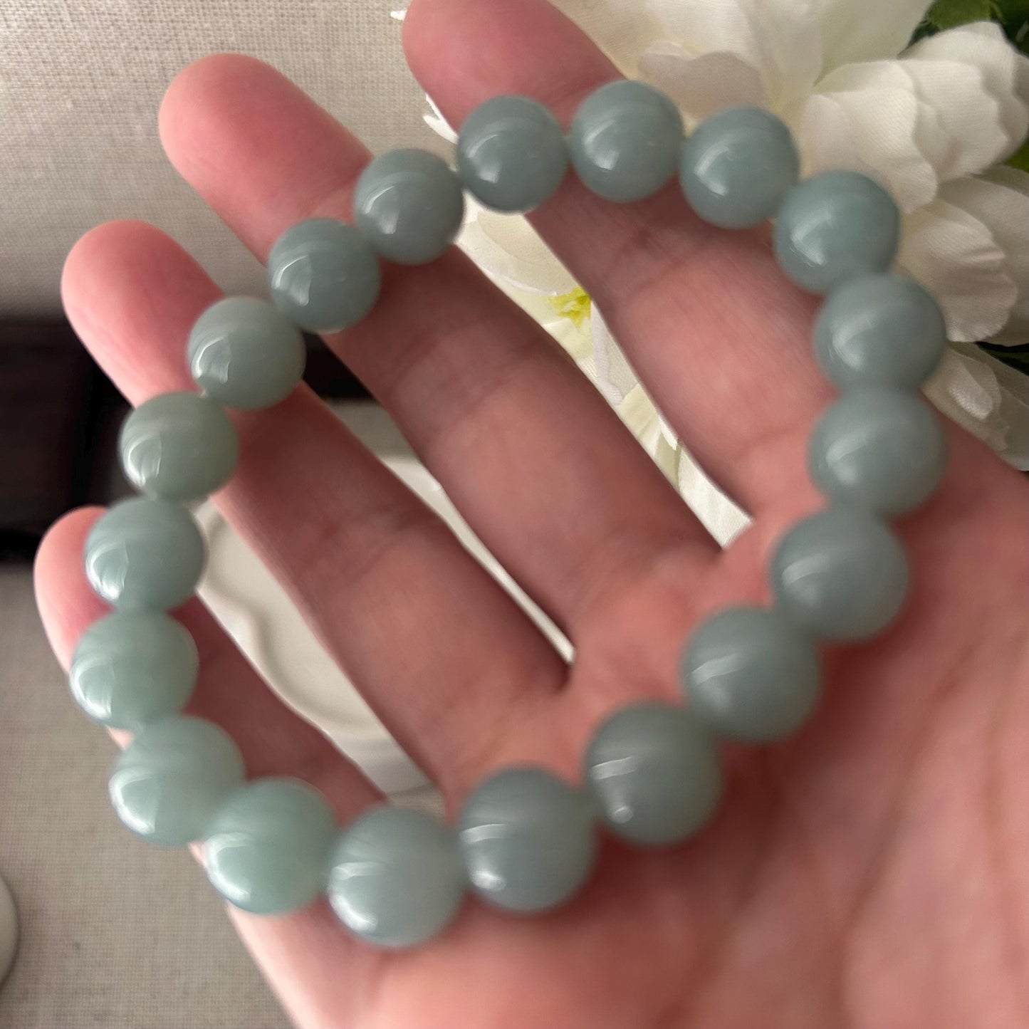 10mm Glossy Rich Sky Blue Jadeite Jade Bead Bracelet