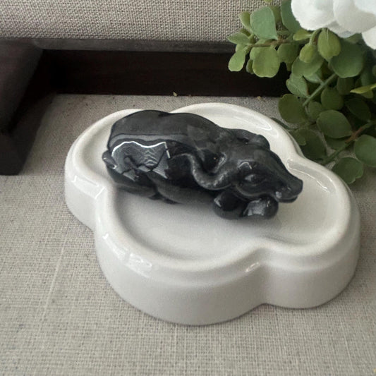 55mm Wuji Black Jadeite Jade Carved Cow Pendant Display