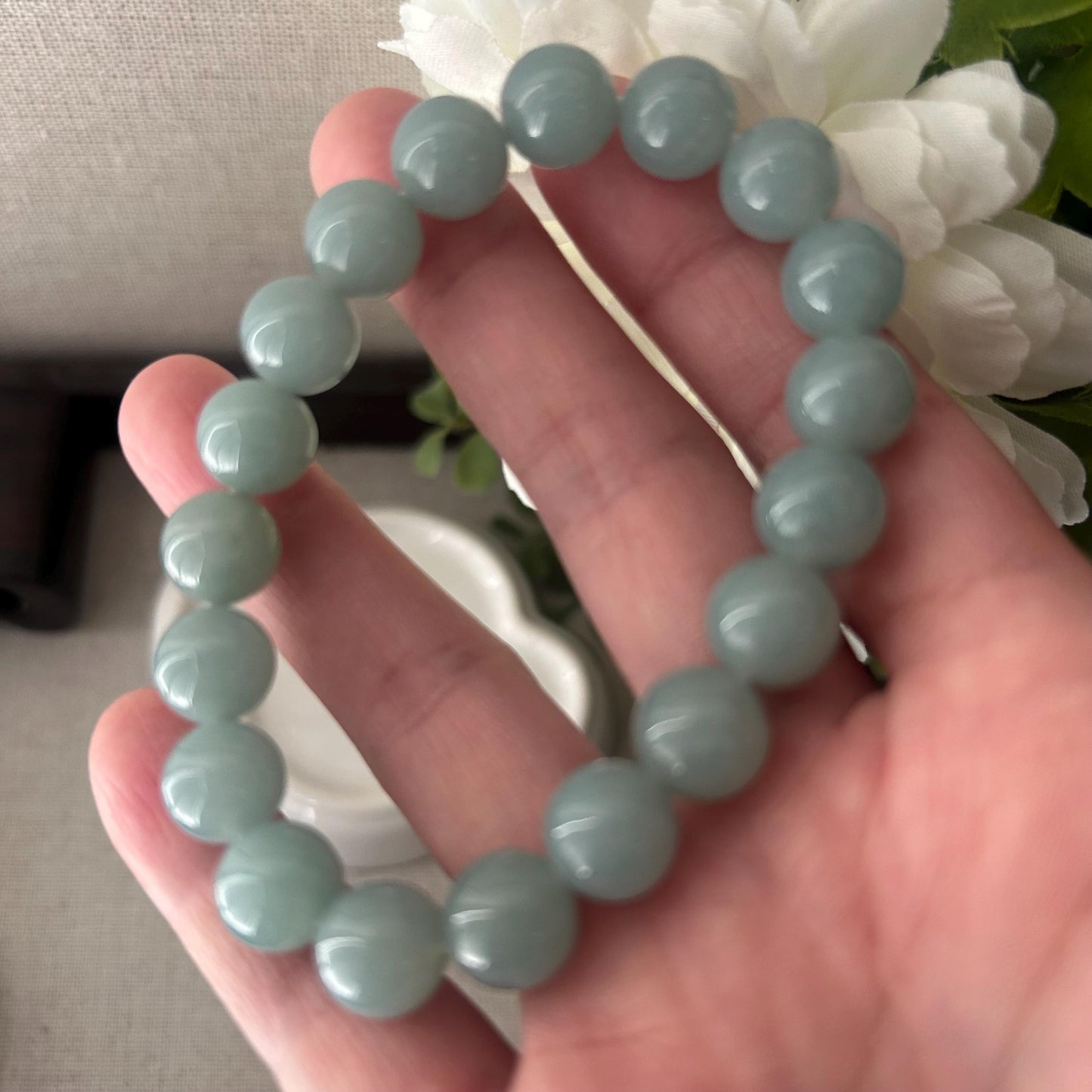 10mm Glossy Rich Sky Blue Jadeite Jade Bead Bracelet
