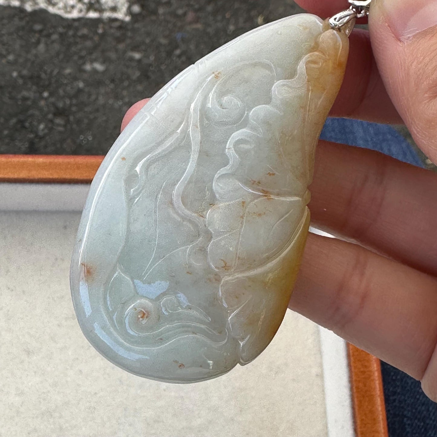 68mm Jadeite Jade Red Yellow Carved Fish Flower Pendant