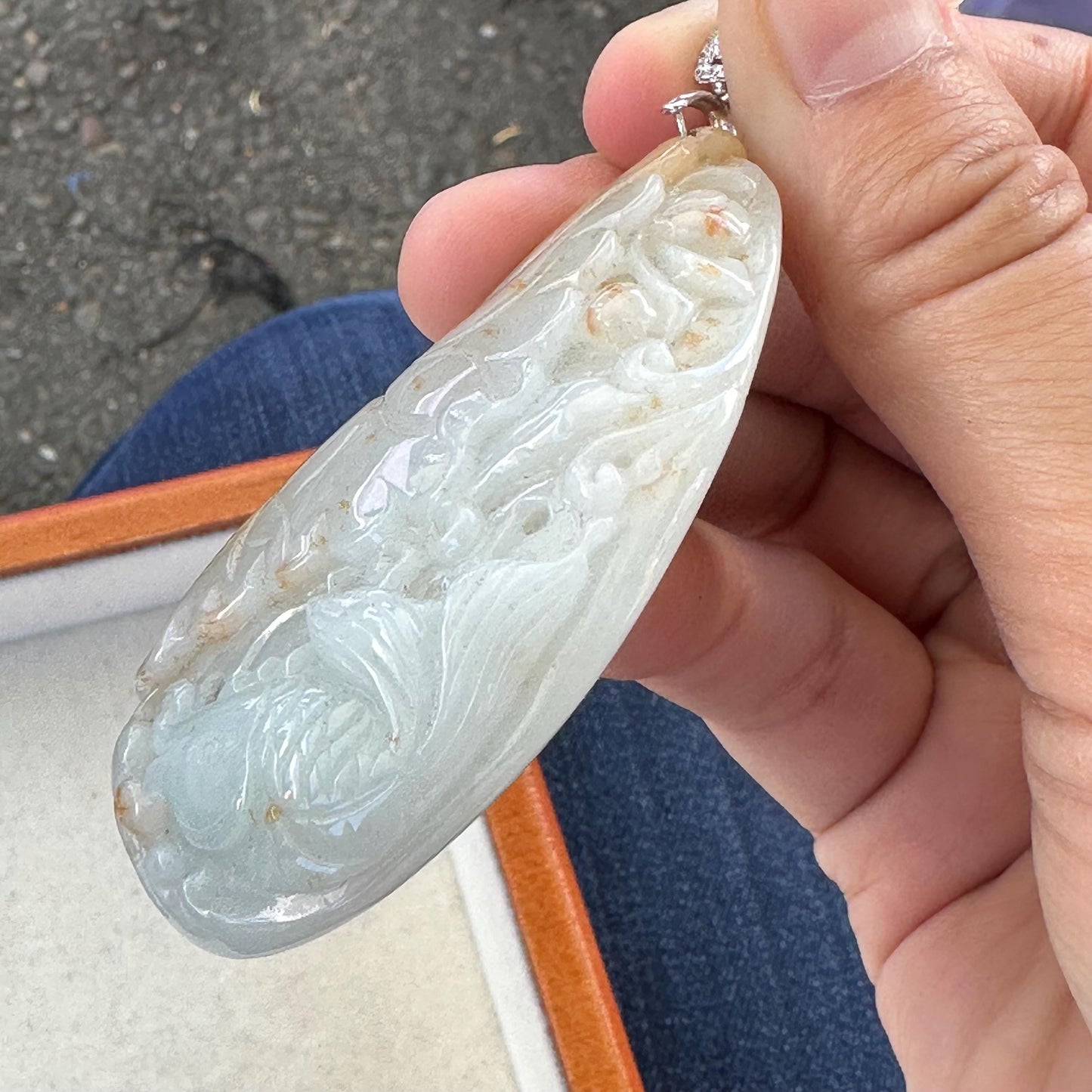 68mm Jadeite Jade Red Yellow Carved Fish Flower Pendant